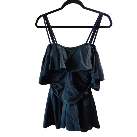 Cocopear Off-Shoulder Flounce Swimdress Black One-Piece Swimsuit Size Medium - Picture 3 of 10